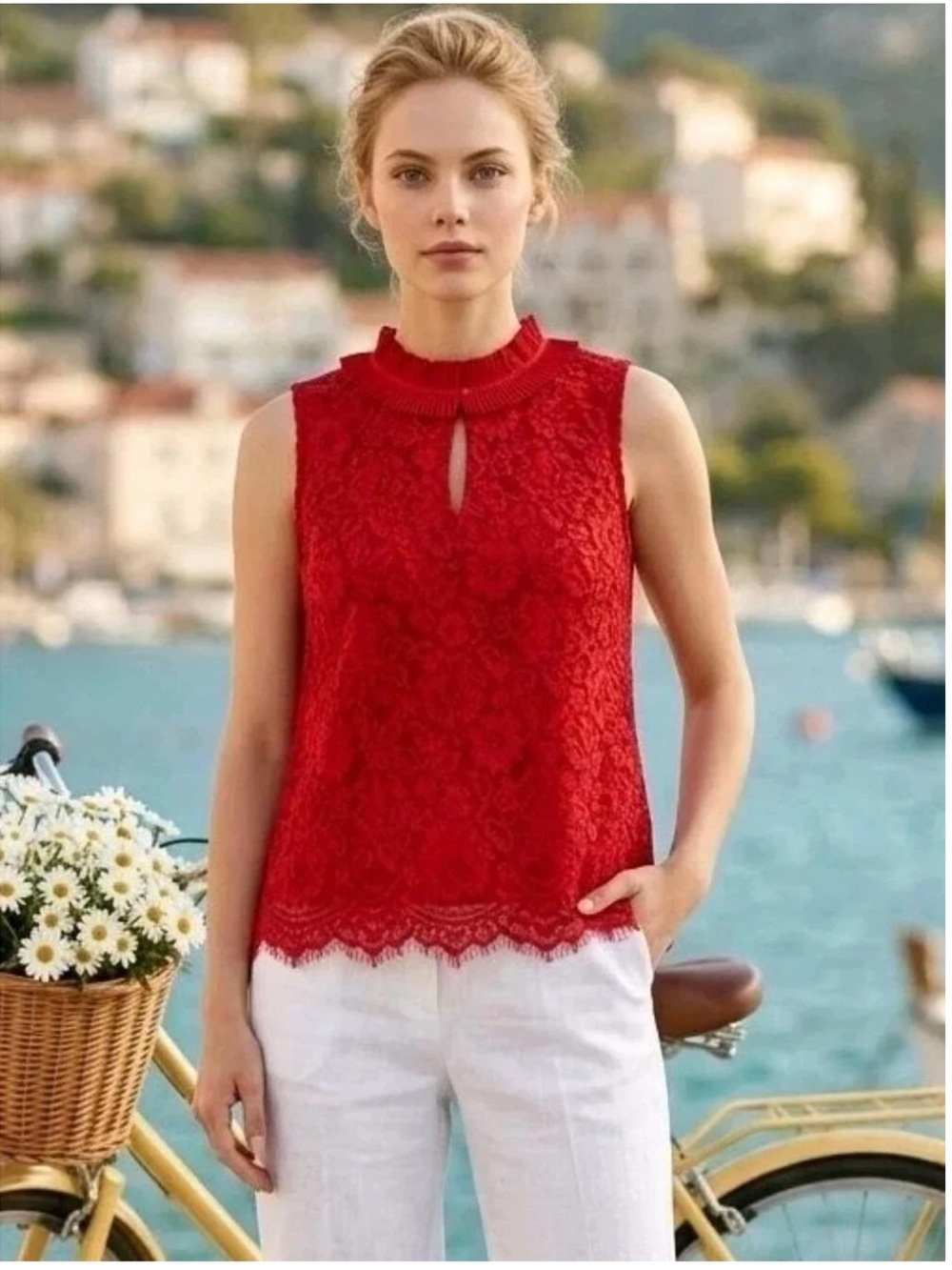 J. CREW Red Floral Lace Ruffle Neck Sleeveless Blouse Size L